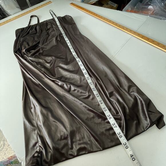 Poleci Women's Draped Matte Satin Mini Slip Dress Sz M Dark Brown Straps Slinky - Picture 9 of 10